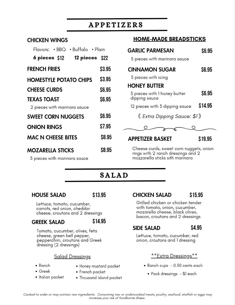 Dinos Appetizer Menu