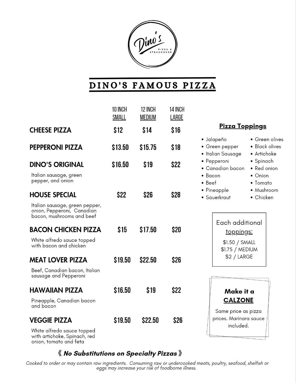 Dinos Pizza Menu