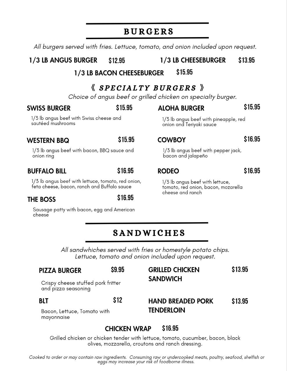 Dinos Burger Menu