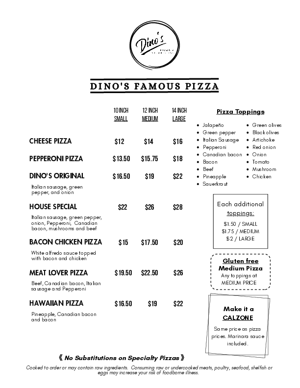 Dinos Pizza Menu - Page 1