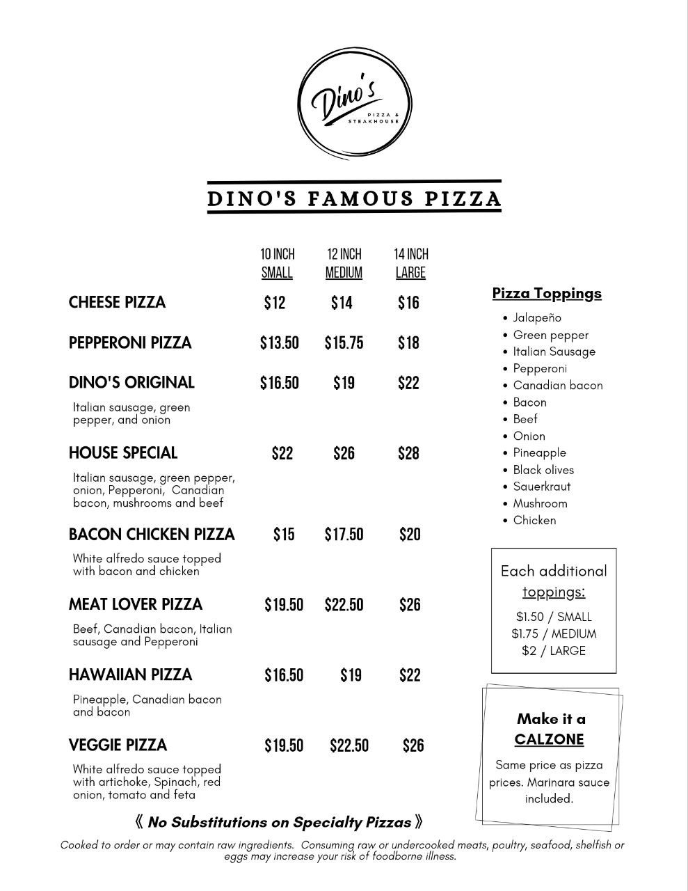 Dinos Pizza Menu